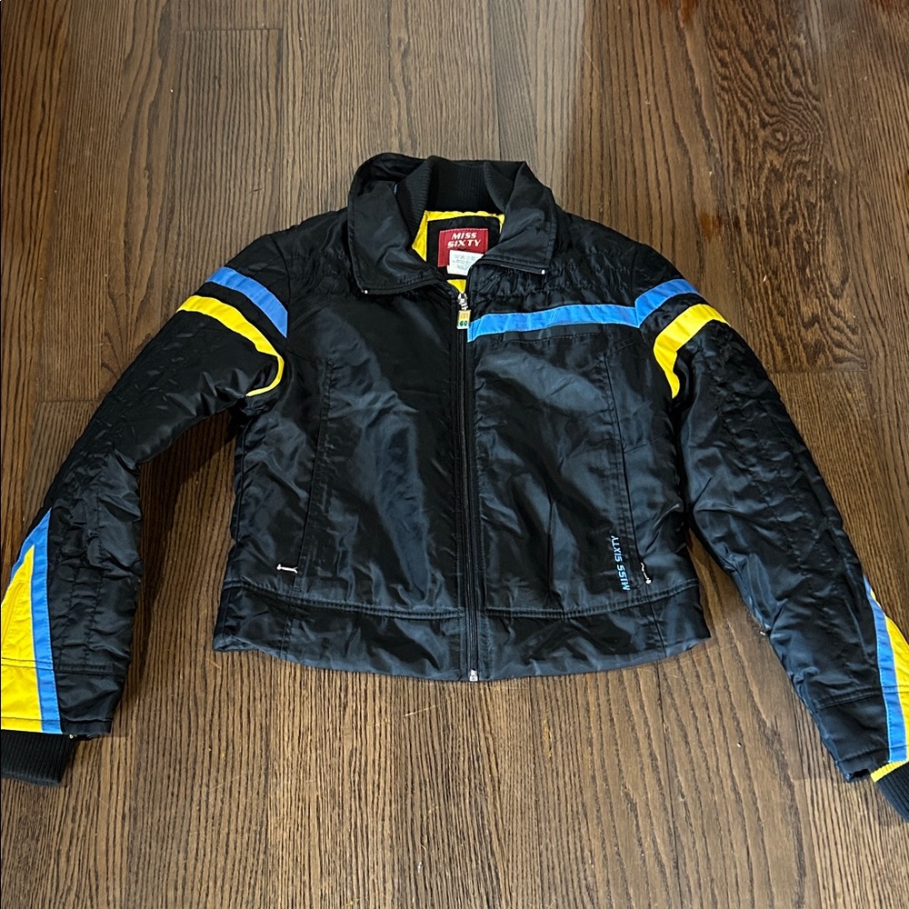 Miss Sixty Black Jacket with Blue and Yellow Stripe Vtg ski patrol jacket M